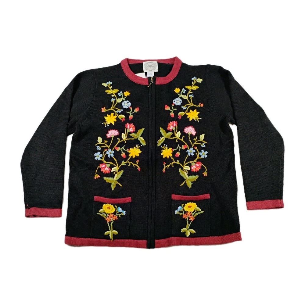 Stitches In Time Floral Embroidered‎ Sweater Cardigan Grandma Cottagecore Size L